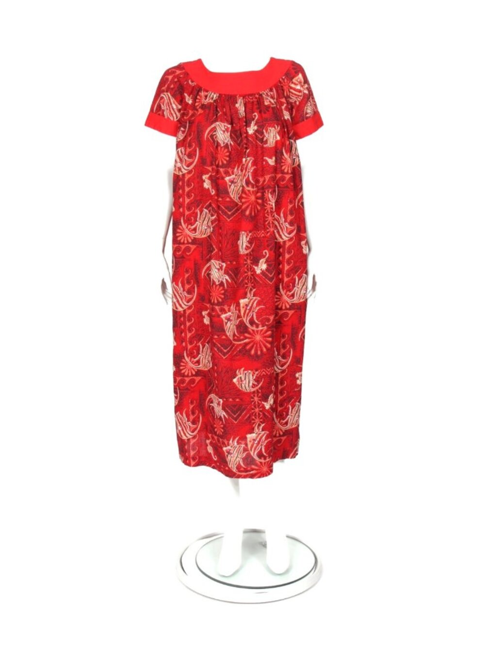 Vintage MADE IN HAWAII Red Angle Fish Seahorse Sea Red Muumuu Caftan Dress /180